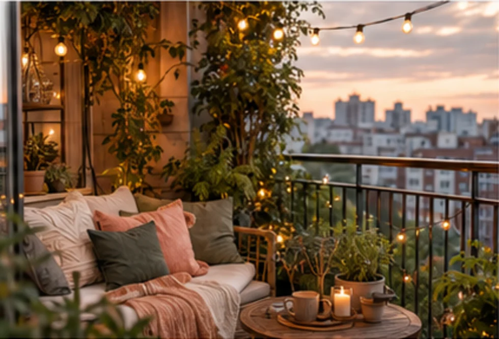 Gemütlicher Stadtbalkon mit Pflanzen, Lichterkette und Sitzplatz